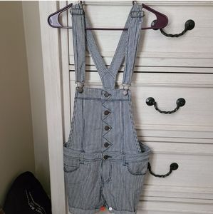 navy blue striped denim overall shorts